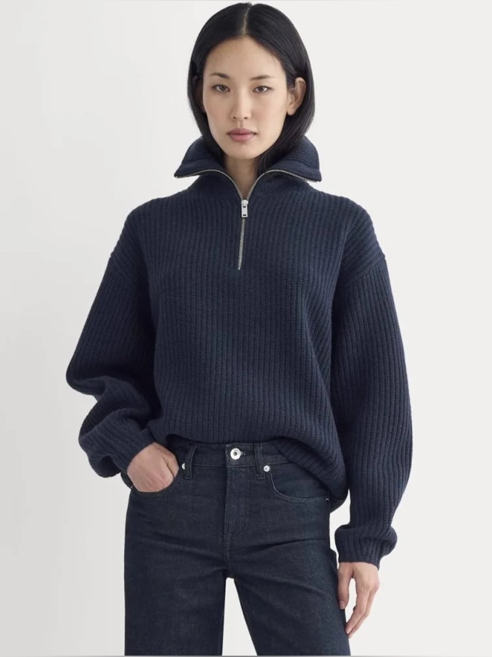 Everlane Navy Ribbed Half-Zip Cozy Sweater